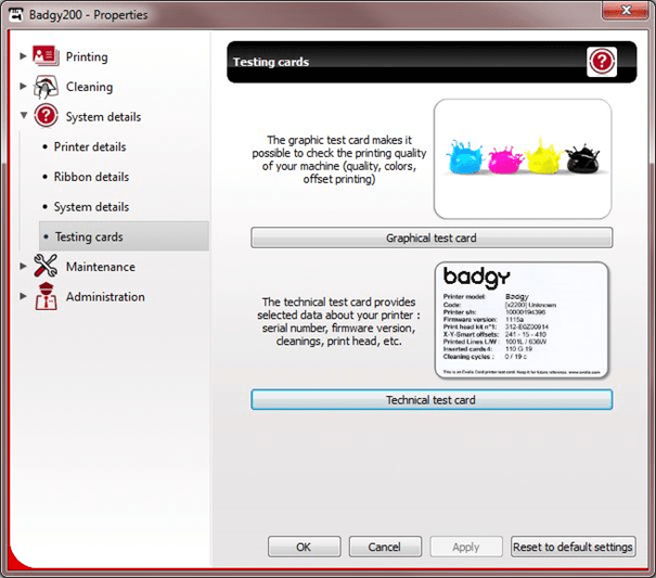 Identification du firmware Badgy via le centre d'impression et les cartes de test technique